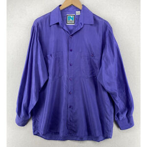 IN PRIVATE Shirt Mens M Silk Utility Button Up Long Sleeve Blue Vintage 80s